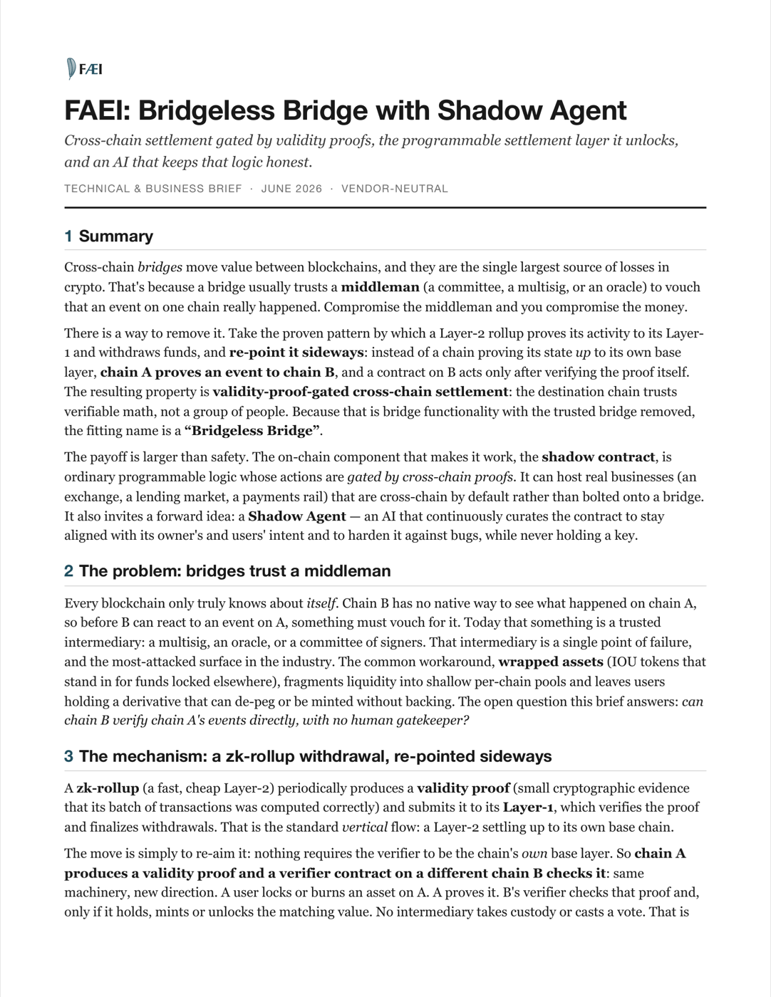 First page of the FAEI technical and business brief: Bridgeless Bridge with Shadow Agent, June 2026